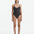Front View: Model in Hartley Silver Swimsuit - MOEVA Luxury Swimwear, Scoop Neck, Ribbed, Button Detailed, Adjustable Straps, Knitted Scoop Neck Swimsuit, MOEVA Luxury Swimwear 