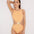 Front View: Model in Honora Orange Swimsuit - MOEVA Luxury Swimwear, Cut Out Silhouette, Two Halves Held Together By Accessory, Crushed Round Gold Accessory, High Neckline, MOEVA Luxury Swimwear 