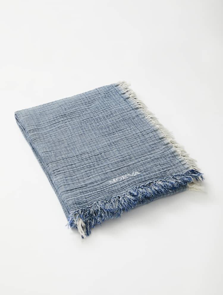 Close Up View of Ibiza Dark Blue/Ecru Towel  -  Super Absorbent, Quick Drying, Cotton Beach Towel, MOEVA Luxury Swimwear   