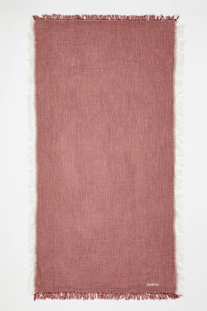 Front View of Ibiza Red Ochre/Ecru Towel  - MOEVA Luxury  Swimwear, Organic Turkish Cotton, Soft & Smooth, Full Reversible, Dainty Fringes, Quick Drying, Embroidered Moeva logo, Length: 160 cm / Width: 80 cm, %100 Cotton, MOEVA Luxury  Swimwear     