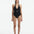 Front View of Model Wearing Imelda Black Swimsuit - MOEVA Luxury Swimwear, Halter Neck, Tie Neck, V Neckline, Draped Front Piece Detail, Removable Padding One Piece Women's Swimwear, Twisted Gold Accessory, MOEVA Luxury Swimwear   