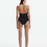 Back View: Imelda Black Swimsuit on Model - Italian Fabric, Special Lycra Xtralife Certificate , Black One-Piece Swimsuit, MOEVA Luxury Swimwear    
