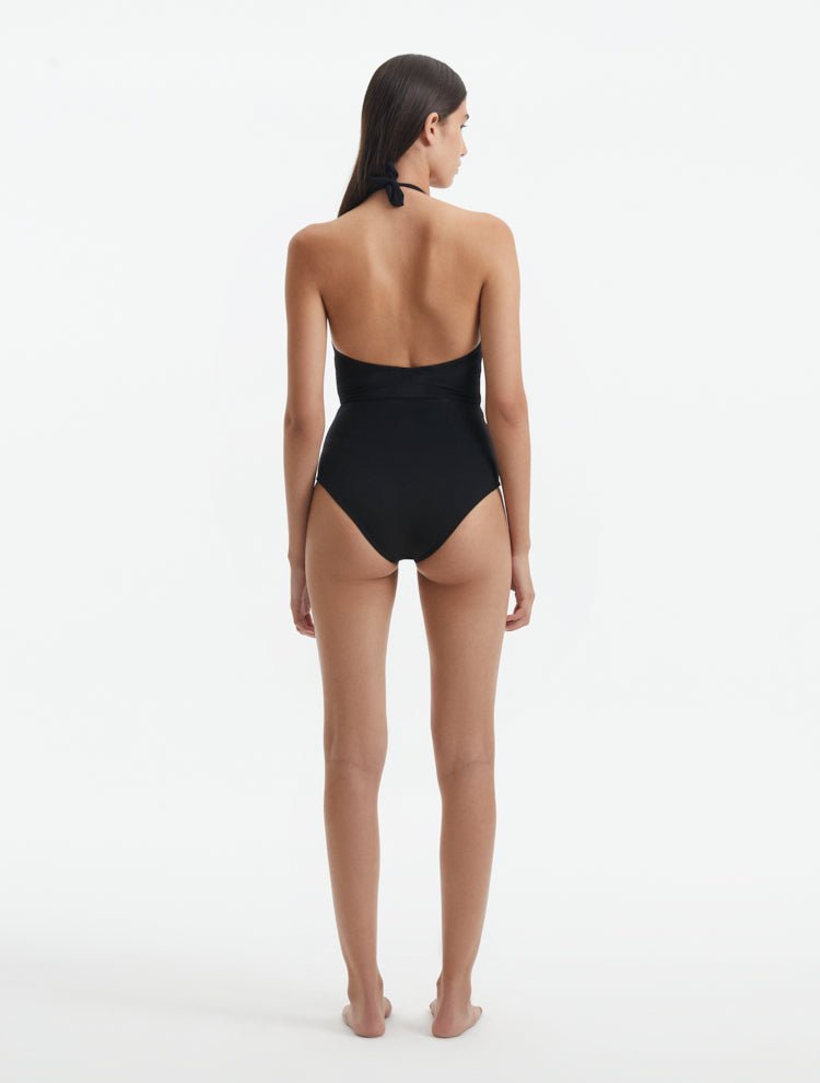 Back View: Imelda Black Swimsuit on Model - Italian Fabric, Special Lycra Xtralife Certificate , Black One-Piece Swimsuit, MOEVA Luxury Swimwear    