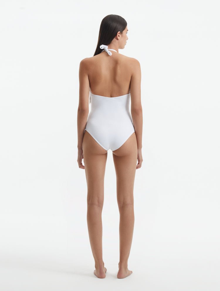 Back View: Imelda White Swimsuit on Model - Italian Fabric, Special Lycra Xtralife Certificate, Black One-Piece Swimsuit, MOEVA Luxury Swimwear    