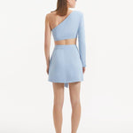 "India White/Baby Blue Skort from the back, emphasizing its clean lines and high-rise waist. "