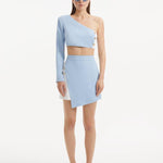 " India White/Baby Blue Skort viewed from the front, showcasing its high-rise waist, serene baby blue front panel, and crisp white base. "