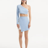 " India White/Baby Blue Skort viewed from the front, showcasing its high-rise waist, serene baby blue front panel, and crisp white base. "