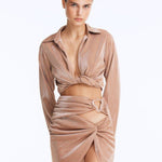 Front View: Model wearing Greta Bronze Shirt and Indigo Skirt - High Waist, Metallic Fabric, Chic Mini Skirt, MOEVA Luxury Beachwear