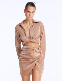 Front View: Model wearing Greta Bronze Shirt and Indigo Skirt - High Waist, Metallic Fabric, Chic Mini Skirt, MOEVA Luxury Beachwear