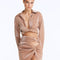 Front View: Model wearing Greta Bronze Shirt and Indigo Skirt - High Waist, Metallic Fabric, Chic Mini Skirt, MOEVA Luxury Beachwear