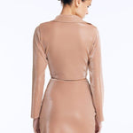 Back View:Greta Bronze Shirt and Indigo Skirt on Model - Cut Out Detail, Twist Knot Detail, Clear Glass Drop Shaped Accessory, Stylish Beachwear Skirt, MOEVA Luxury Beachwear