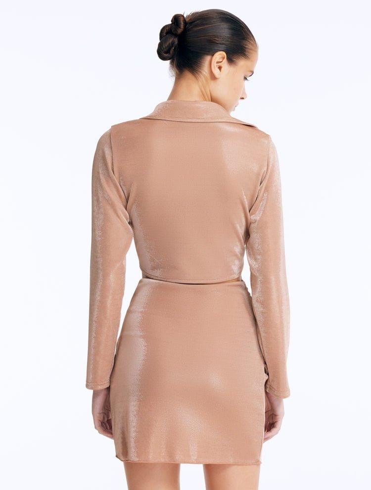 Back View:Greta Bronze Shirt and Indigo Skirt on Model - Cut Out Detail, Twist Knot Detail, Clear Glass Drop Shaped Accessory, Stylish Beachwear Skirt, MOEVA Luxury Beachwear