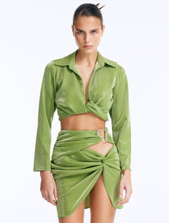 Indigo Green Cut Out Mini Skirt With Clear Glass Drop Shaped Accessory -Beachwear Skirts Moeva