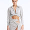 Front View: Model wearing Greta Silver Shirt and Indigo Skirt - High Waist, Metallic Fabric, Chic Mini Skirt, MOEVA Luxury Beachwear