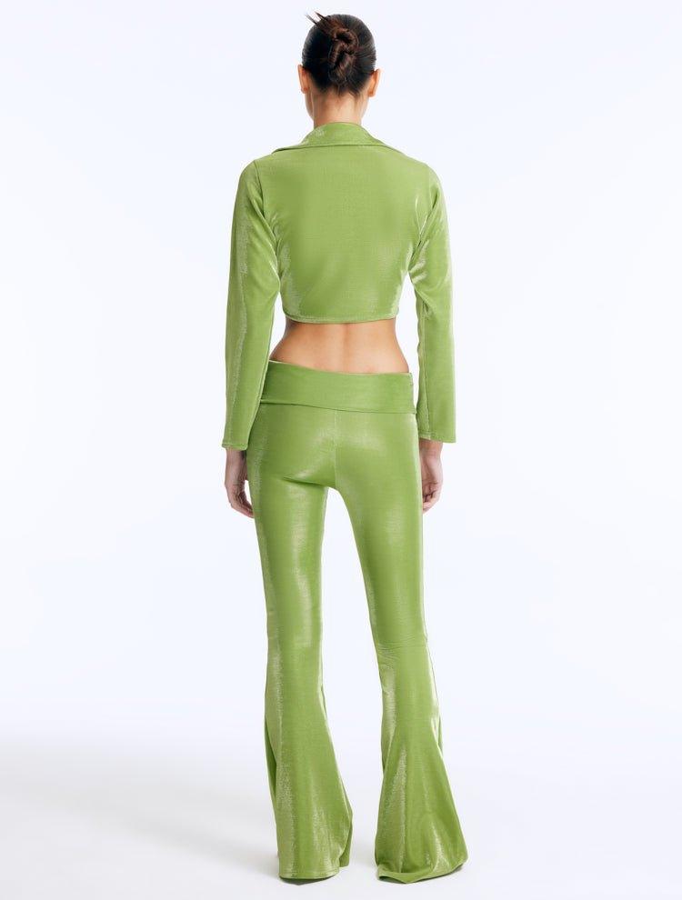 Izara Green Mid-Rise Flared Pants | Moeva | Women Beachwear Pants | Each week unveils new pieces—luxury swimwear, fluid resort silhouettes, and elevated summer-to-evening essentials designed to carry you from coastal escapes to city nights.