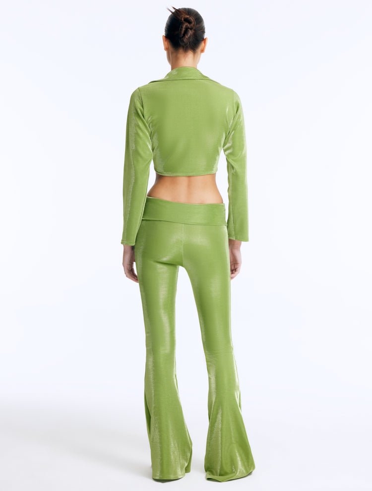 Back View: Izara Green Pants on Model - Flared Slim Fit, Fold Over Waistband, Stylish Pants, MOEVA Luxury Ready to Wear