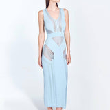 "Front view of the Izzy Baby Blue Dress showing its elegant ankle-length cut, sleeveless design, and V-neckline, with detailed semi-sheer knit patterns and stripes."