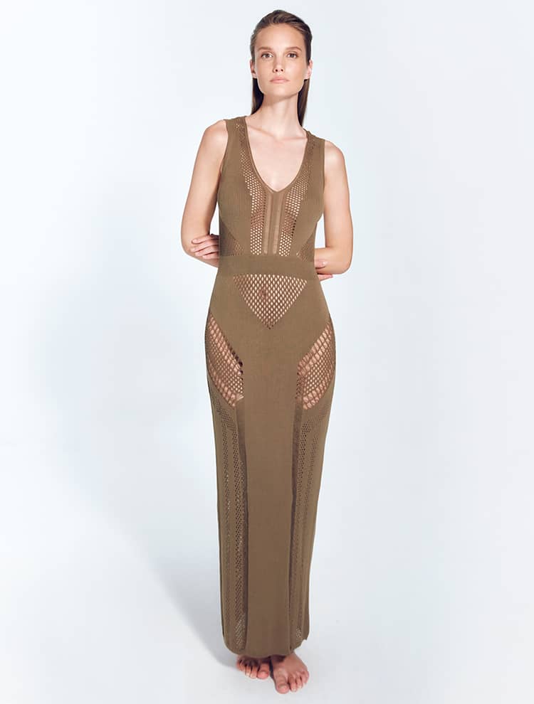Izzy Khaki Sleeveless Knitted Maxi Dress With Semi Sheer Panels -Beachwear Dresses Moeva