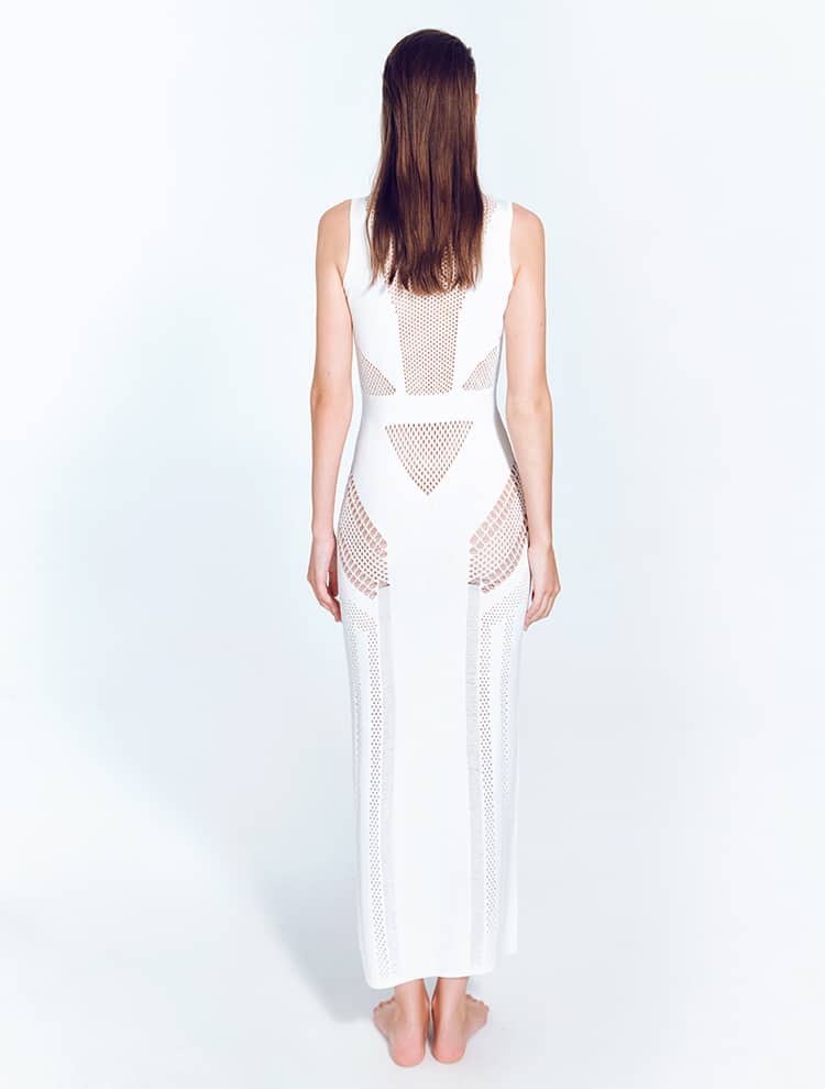 Izzy White Sleeveless Knitted Maxi Dress With Semi Sheer Panels -Beachwear Dresses Moeva
