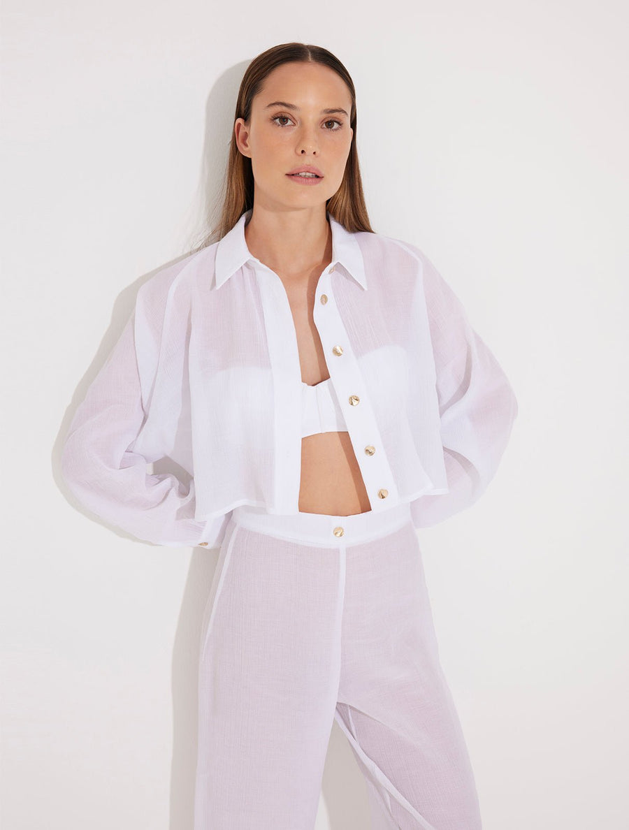 Jacinta White Cropped Shirt With Gold Buttons -Beachwear Tops Moeva