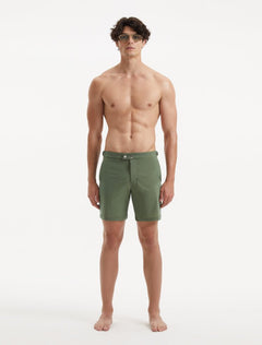 "Front view of Jack army green swim shorts with side fasteners and buttoned back pockets"