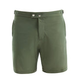 "Close-up of Jack army green swim shorts showing the quick-drying fabric and adjustable side fasteners"
