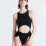 "Model wearing Jackie Black Swimsuit from the front, showcasing high leg cut, twist knot detail, high neckline, and open back with gold-plated clasp closure."