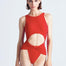 "Jackie Red Swimsuit front view featuring a high leg cut and twist knot detail."