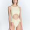 "Model wearing the Jackie Yellow Swimsuit from the front, showcasing the high leg cut and twist knot detail."