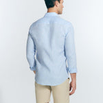 Back View: Model in James Baby Blue Shirt - MOEVA Luxury Swimwear, Ready to Wear, Long Sleeved Shirts, Unlined, Slim Fit, Linen, MOEVA Luxury Swimwear
