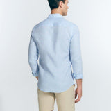 Back View: Model in James Baby Blue Shirt - MOEVA Luxury Swimwear, Ready to Wear, Long Sleeved Shirts, Unlined, Slim Fit, Linen, MOEVA Luxury Swimwear