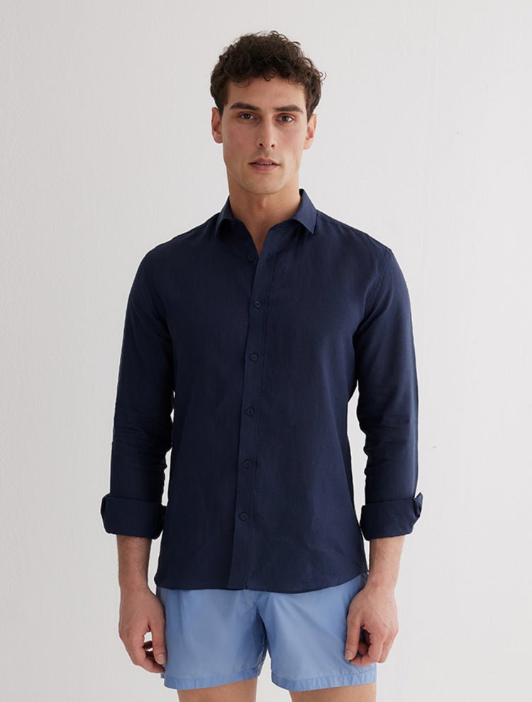 James Dark Blue Slim-Fit Shirts With Spread Collar -Men Shirts Moeva