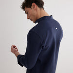 Back View: Model in James Dark Blue Shirt - MOEVA Luxury Swimwear, Ready to Wear, Long Sleeved Shirts, Unlined, Slim Fit, Linen, MOEVA Luxury Swimwear