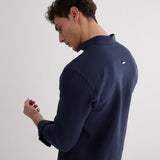 Back View: Model in James Dark Blue Shirt - MOEVA Luxury Swimwear, Ready to Wear, Long Sleeved Shirts, Unlined, Slim Fit, Linen, MOEVA Luxury Swimwear