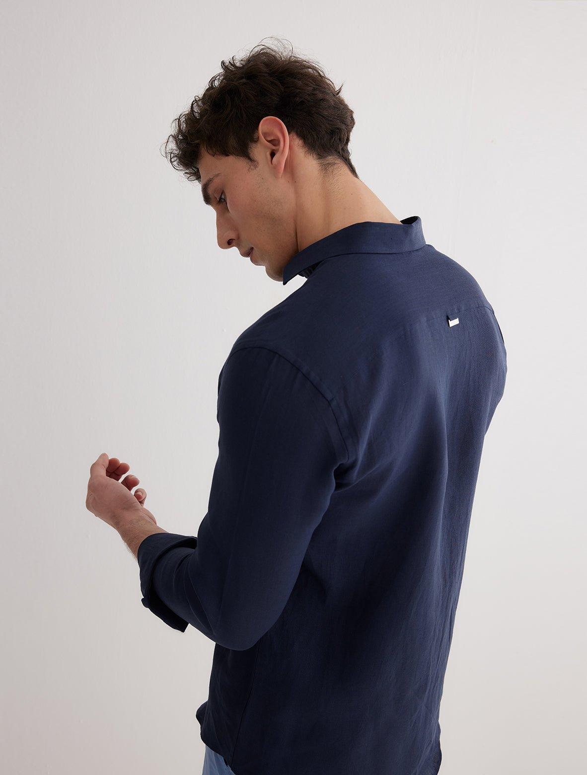 Back View: Model in James Dark Blue Shirt - MOEVA Luxury Swimwear, Ready to Wear, Long Sleeved Shirts, Unlined, Slim Fit, Linen, MOEVA Luxury Swimwear