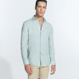 Front View: Model in James Green Shirt - MOEVA Luxury Swimwear, Spread Collar, Buttoned Cuffs, Button Fastening, Long-Sleeved, Slim Fit, MOEVA Luxury Swimwear