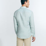 Back View: Model in James Green Shirt - MOEVA Luxury Swimwear, Ready to Wear, Long Sleeved Shirts, Unlined, Slim Fit, Linen, MOEVA Luxury Swimwear