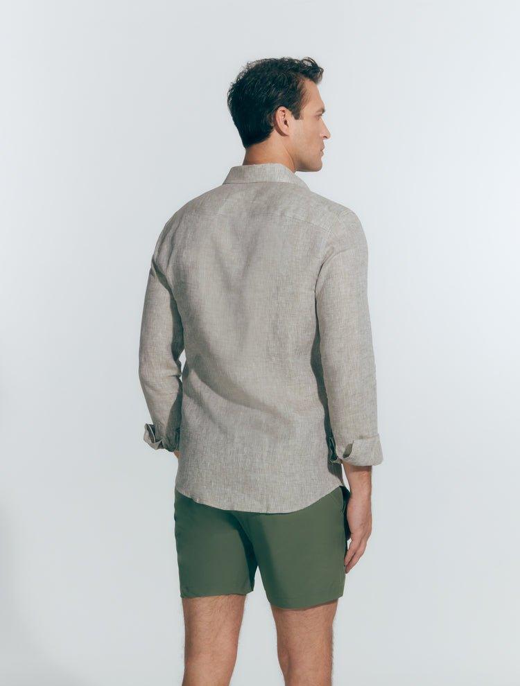 Back View: Model in James Khaki Shirt - MOEVA Luxury Swimwear, Ready to Wear, Long Sleeved Shirts, Unlined, Slim Fit, Linen, MOEVA Luxury Swimwear