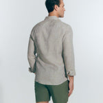 Back View: Model in James Khaki Shirt - MOEVA Luxury Swimwear, Ready to Wear, Long Sleeved Shirts, Unlined, Slim Fit, Linen, MOEVA Luxury Swimwear
