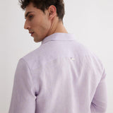 Back View: Model in James Lilac Shirt - MOEVA Luxury Swimwear, Ready to Wear, Long Sleeved Shirts, Unlined, Slim Fit, Linen, MOEVA Luxury Swimwear
