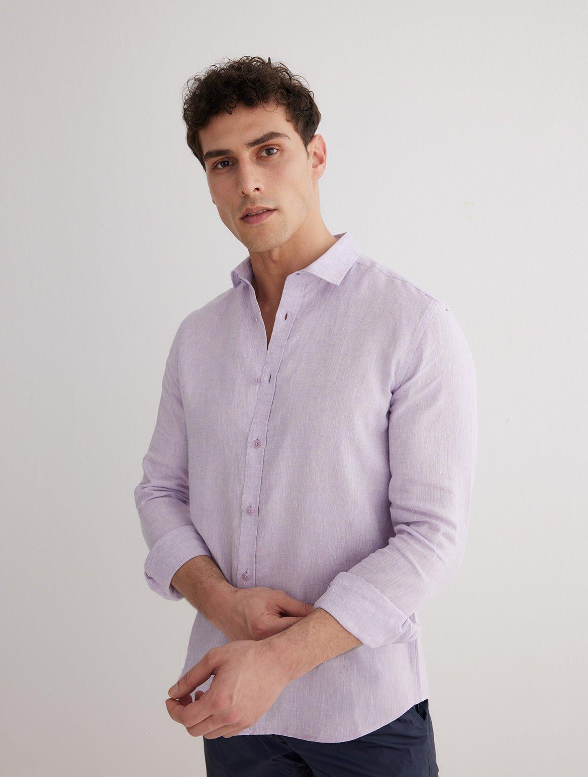 Front View: Model in James Lilac Shirt - MOEVA Luxury Swimwear, Spread Collar, Buttoned Cuffs, Button Fastening, Long-Sleeved, Slim Fit, MOEVA Luxury Swimwear