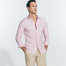 Front View: Model in James Pink Shirt - MOEVA Luxury Swimwear, Spread Collar, Buttoned Cuffs, Button Fastening, Long-Sleeved, Slim Fit, MOEVA Luxury Swimwear