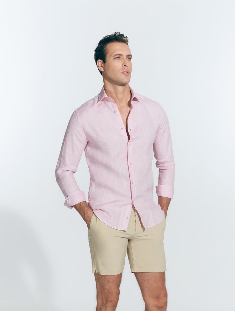 Front View: Model in James Pink Shirt - MOEVA Luxury Swimwear, Spread Collar, Buttoned Cuffs, Button Fastening, Long-Sleeved, Slim Fit, MOEVA Luxury Swimwear