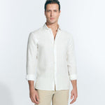 Front View: Model in James White Shirt - MOEVA Luxury Swimwear, Spread Collar, Buttoned Cuffs, Button Fastening, Long-Sleeved, Slim Fit, MOEVA Luxury Swimwear