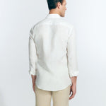 Back View: Model in James White Shirt - MOEVA Luxury Swimwear, Ready to Wear, Long Sleeved Shirts, Unlined, Slim Fit, Linen, MOEVA Luxury Swimwear