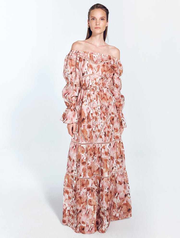 Jealine Floral Abstract Off-The-Shoulder Maxi Dress With Puffed Sleeves -RTW Dresses Moeva
