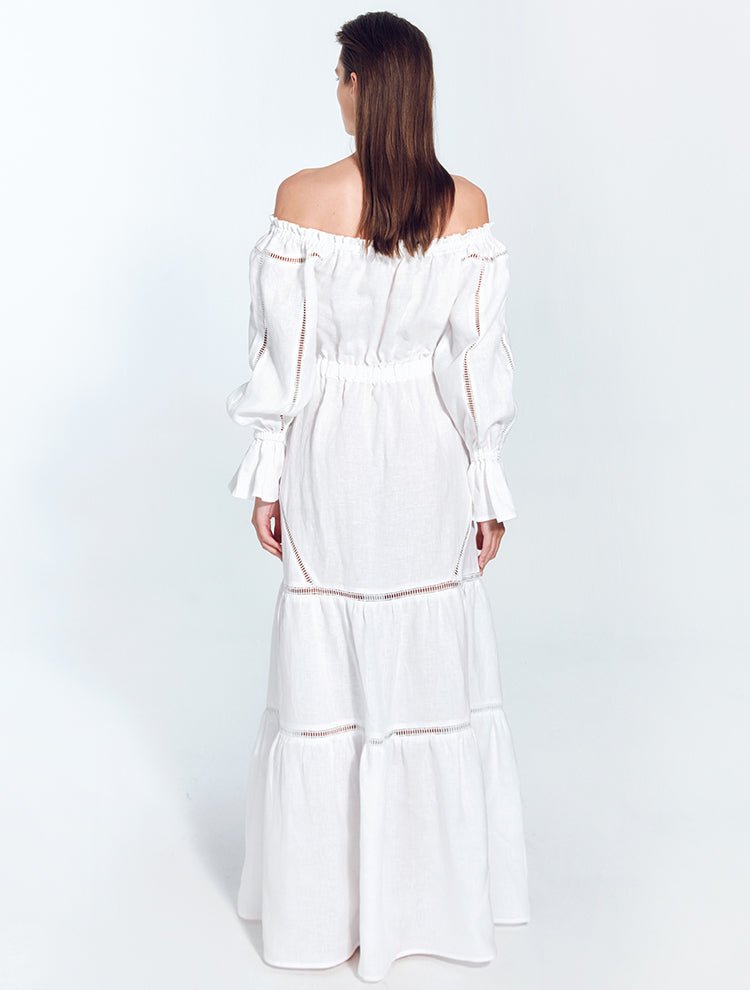 Jealine White Off-The-Shoulder Maxi Dress With Puffed Sleeves -RTW Dresses Moeva