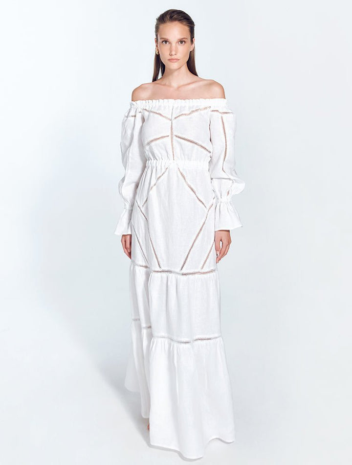 Jealine White Off-The-Shoulder Maxi Dress With Puffed Sleeves -RTW Dresses Moeva