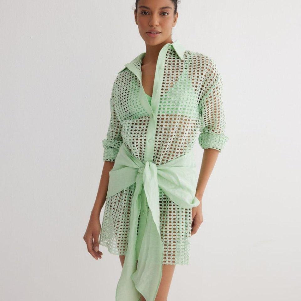 Jesabel Mint Green Eyelet Shirt Dress with Tie-Front Detail | Moeva | Dress | Each week unveils new pieces—luxury swimwear, fluid resort silhouettes, and elevated summer-to-evening essentials designed to carry you from coastal escapes to city nights.
