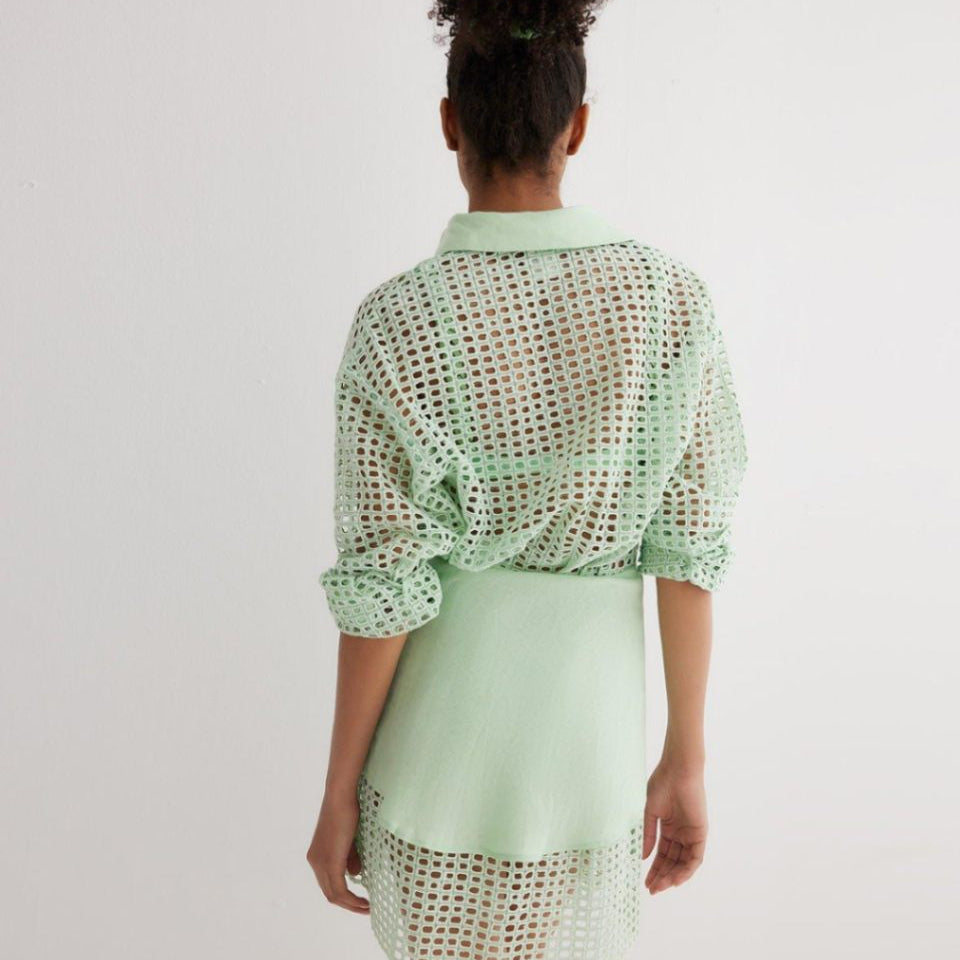 Jesabel Mint Green Eyelet Shirt Dress with Tie-Front Detail | Moeva | Dress | Each week unveils new pieces—luxury swimwear, fluid resort silhouettes, and elevated summer-to-evening essentials designed to carry you from coastal escapes to city nights.